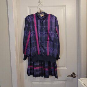 Vintage Tricoville (Purple and Pink Tartan Pattern Blouse and Midi Skirt Set